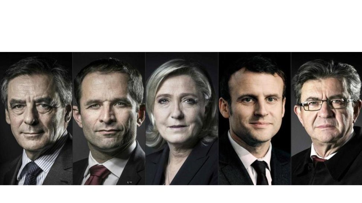 De izquierda a derecha, los candidatos al Elíseo: Fillon, Hamon, Le Pen, Macron y Mélenchon.