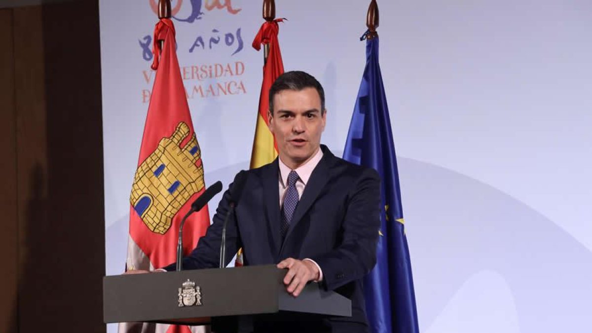 El presidente del Gobierno, Pedro Sánchez, ayer, en un acto celebrado en la capital salmantina.