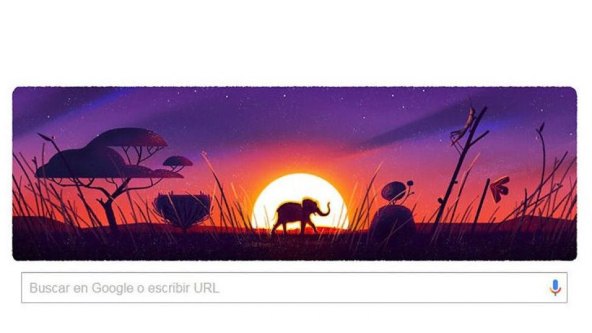 Un elefante en la sabana, una de las imágenes del doodle de Google dedicado al Día de la Tierra.