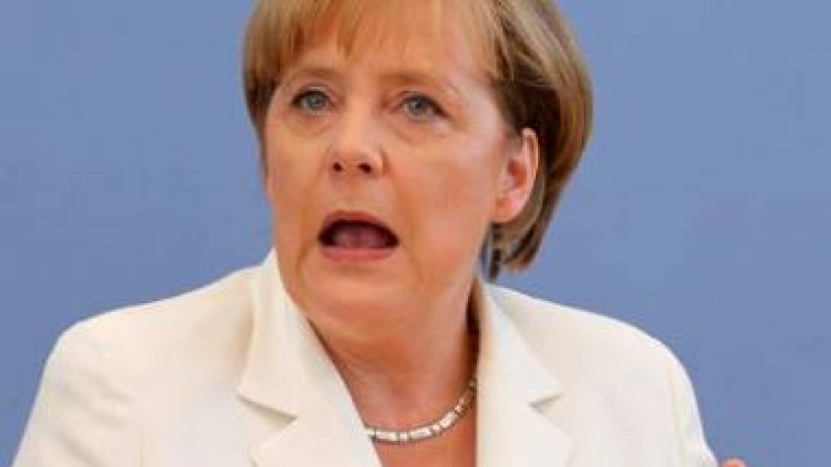 La canciller, durante la conferencia de verano en Berlín.