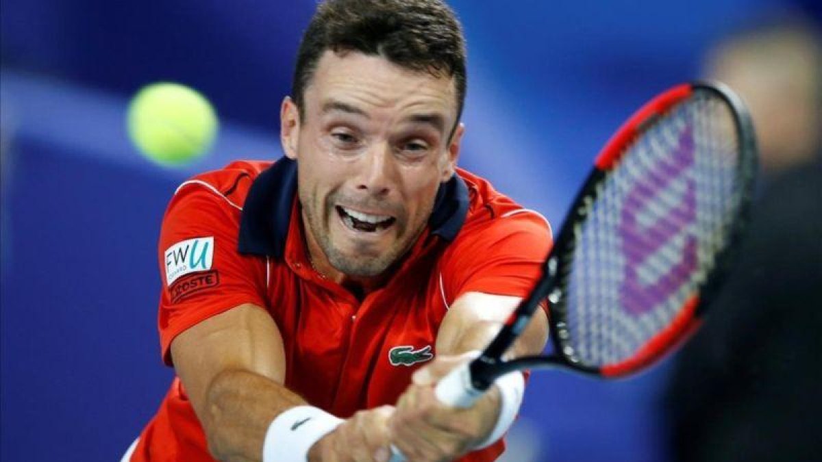Bautista devuelve una volea, en su partido de Copa Davis en Lille, ante Pouille.