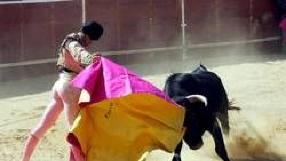 Un lance de la novillada que se celebró en la tarde de ayer en la plaza portátil de Navatejera