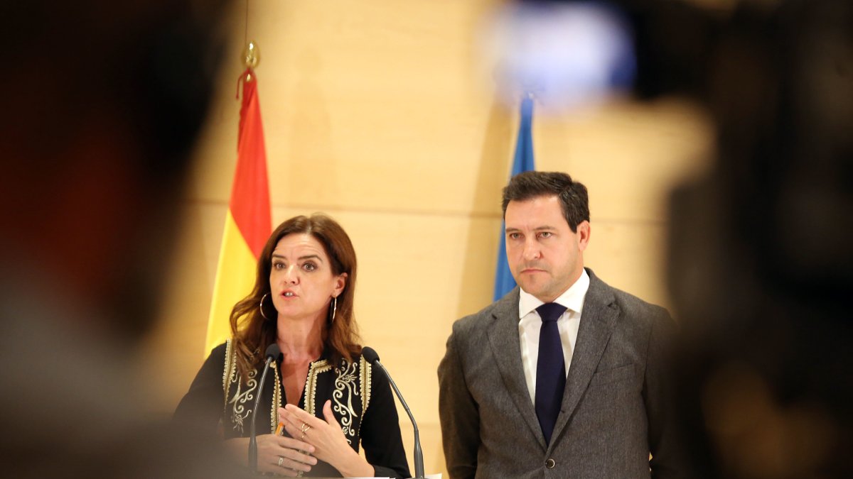 Los portavoces parlamentarios de PP y Cs, Raúl de la Hoz y Ana Carlota Amigo, explican los detalles de la comisión paritaria creada para analizar el sector público autonómico de Castilla y León. RUBÉN CACHO