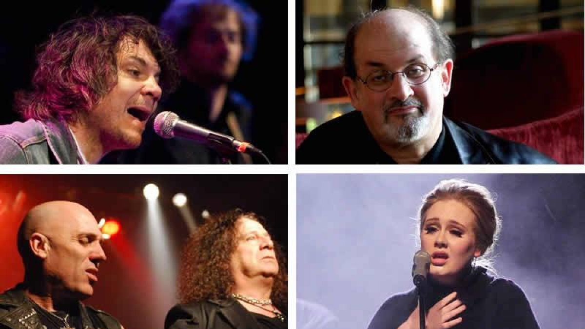 De izquierda a derecha y de arriba a abajo, Wilco, Salman Rushdie, Obús y Adele