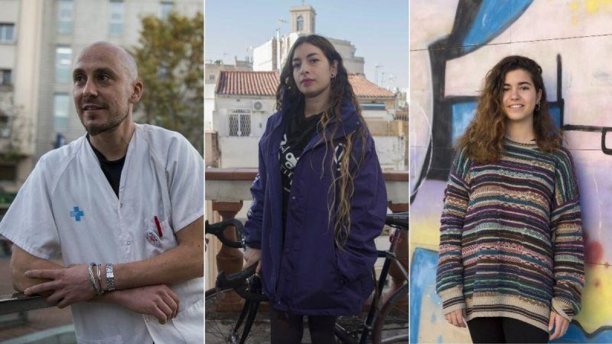 Tres jóvenes cuenta sus testimonios sobre la precariedad. Fèlix Marcos, enfermero (izquierda); Núria Soto, repartidora (centro) y Irene Navarro, dependienta (derecha).