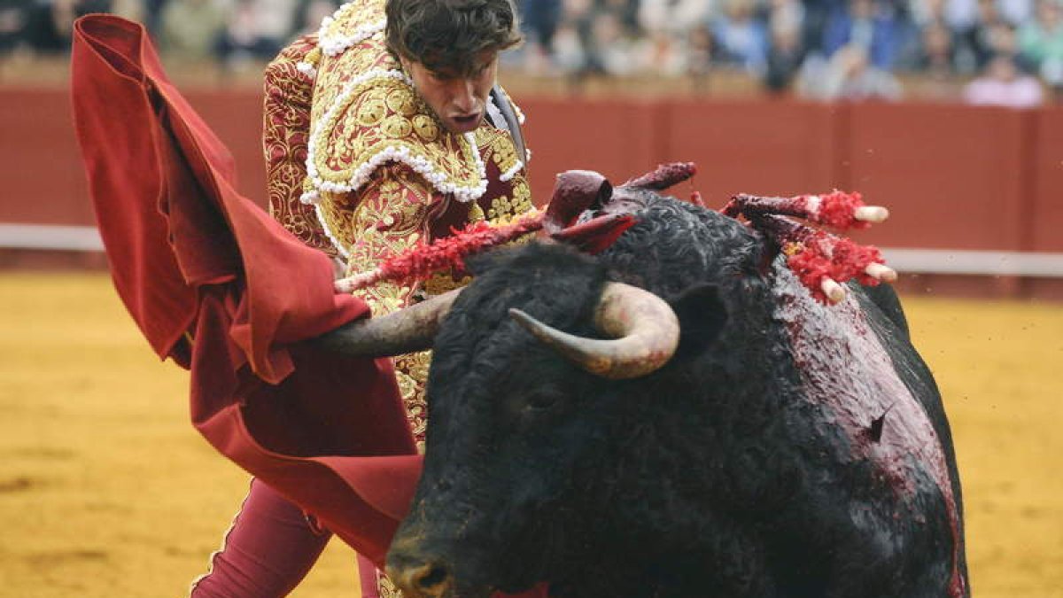 Gallo da un pase con la muleta a su primer toro.