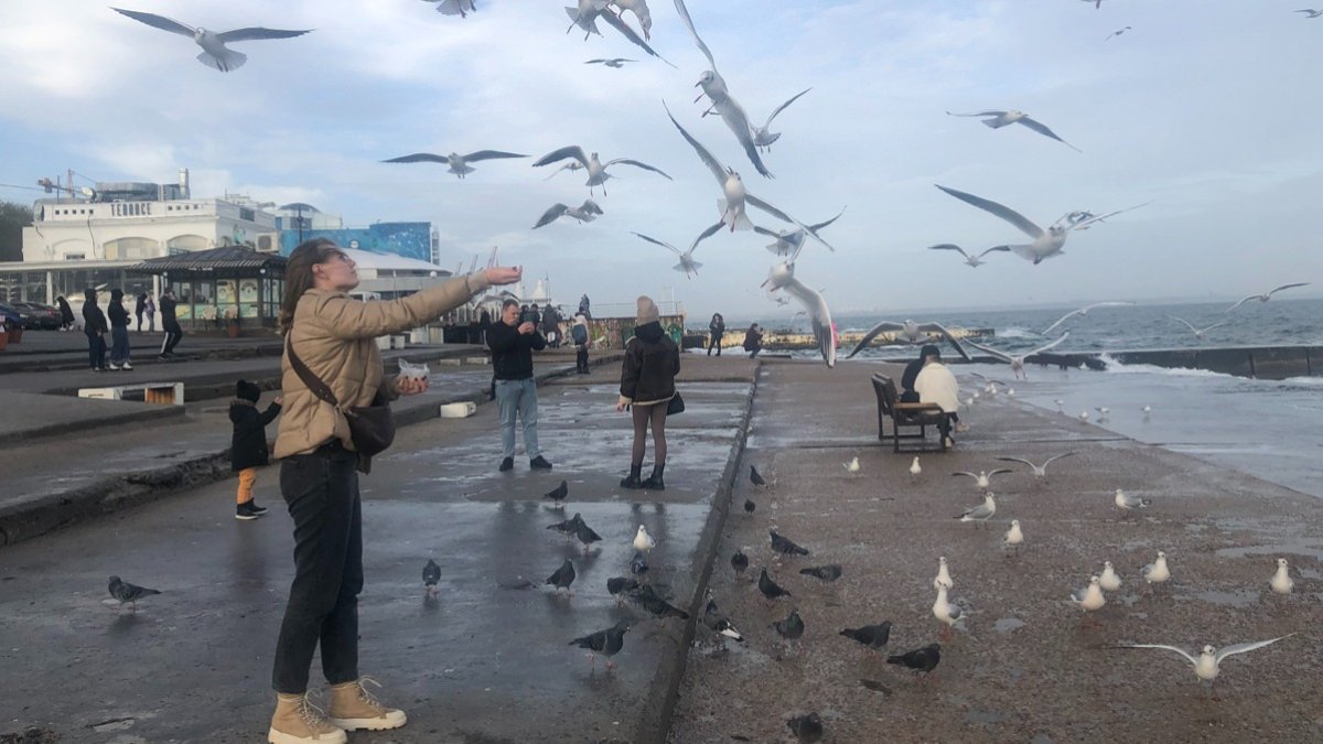 Una joven da de comer a las gaviotas en una de las playas de Odesa. GERVASIO SÁNCHEZ