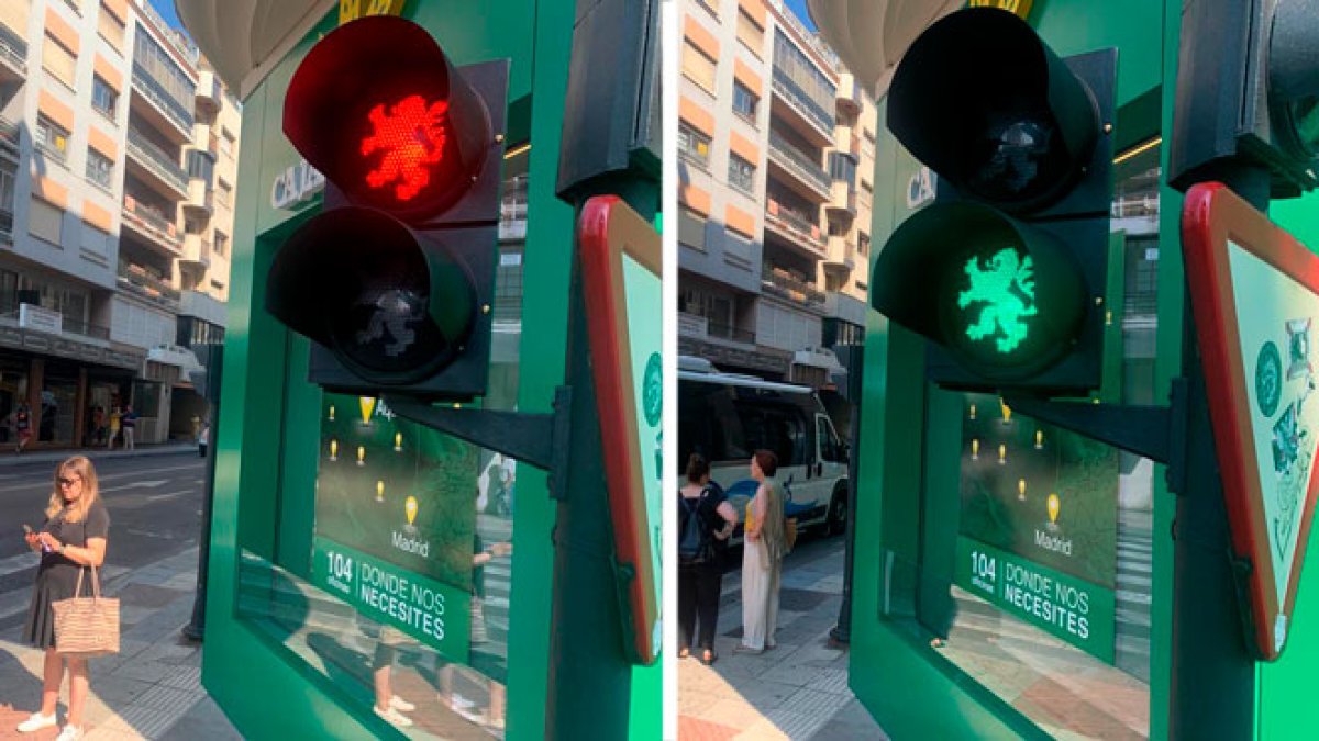 Los semáforos de la calle Arco de Ánimas en el cruce con la calle Independencia donde se han colocado los semáforos con los leones rampantes. Á. C.