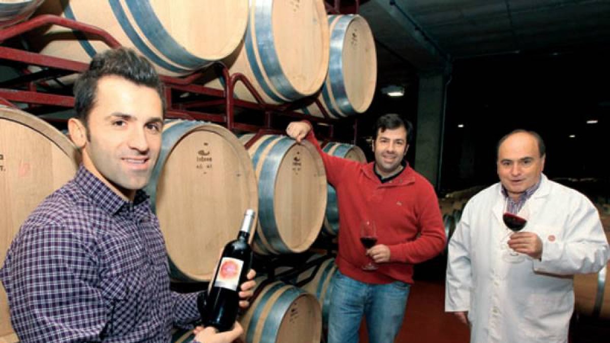 Alejandro Miguélez, gerente, Miguel Tienda, enólogo y José Luis Santín, director técnico, en la cava de la Bodega del Abad.