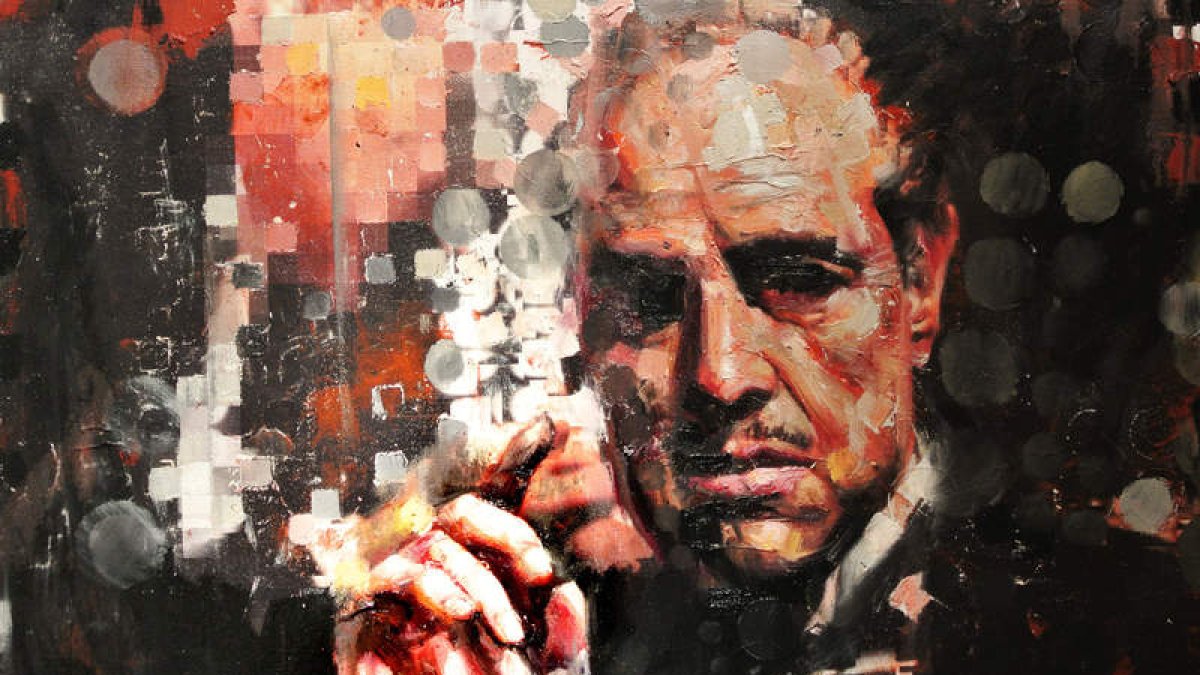 Imagen de Marlon Brando caracterizado como el Padrino en una de las obras que pueden verse en la galería Sharon Art.