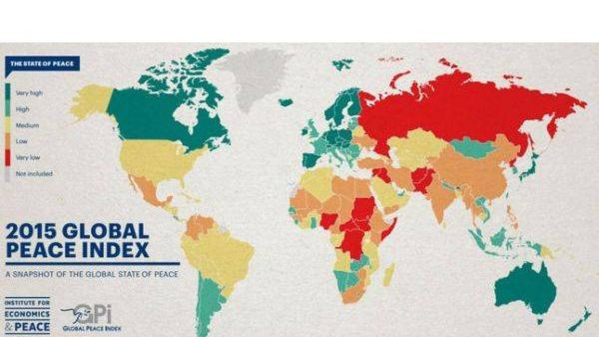 Mapa sobre los países más pacíficos y los más conflictivos del mundo.