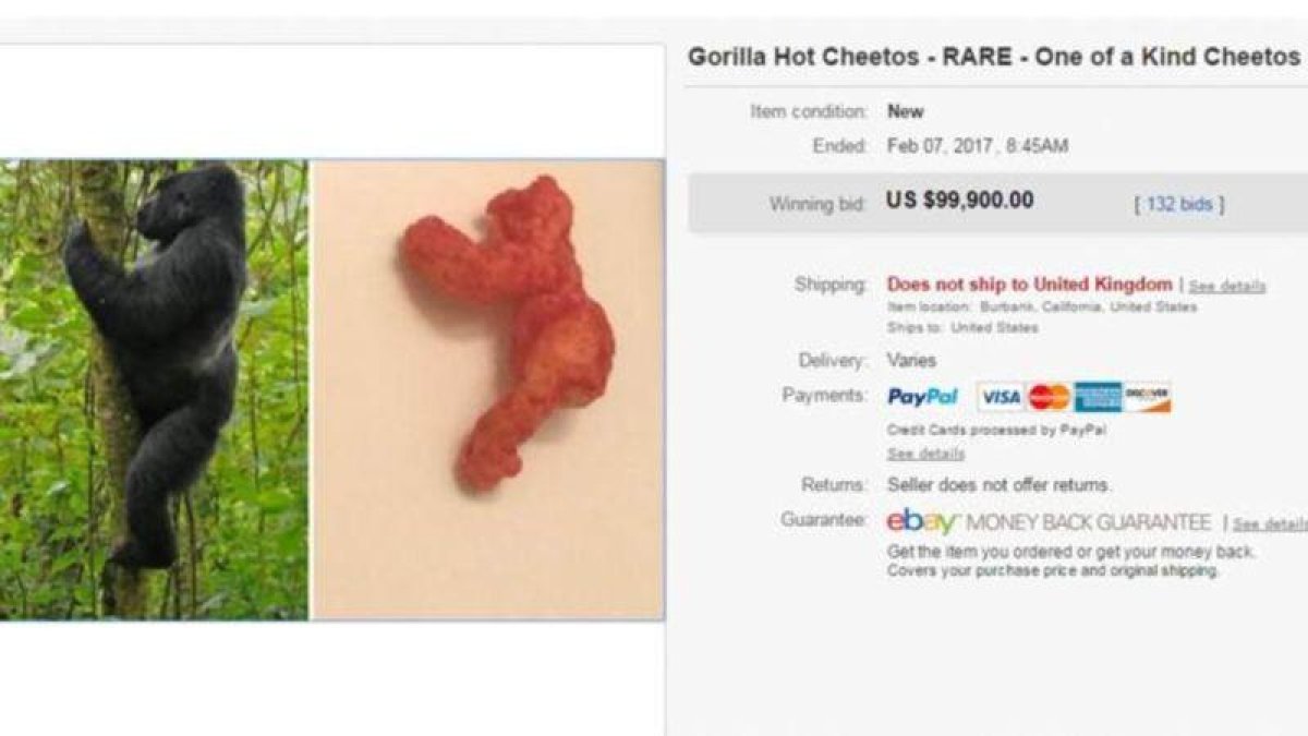 Captura de pantalla del anuncio de eBay en el que se subasta un Cheeto con la forma del gorila Harambe por 999,999 dólares.