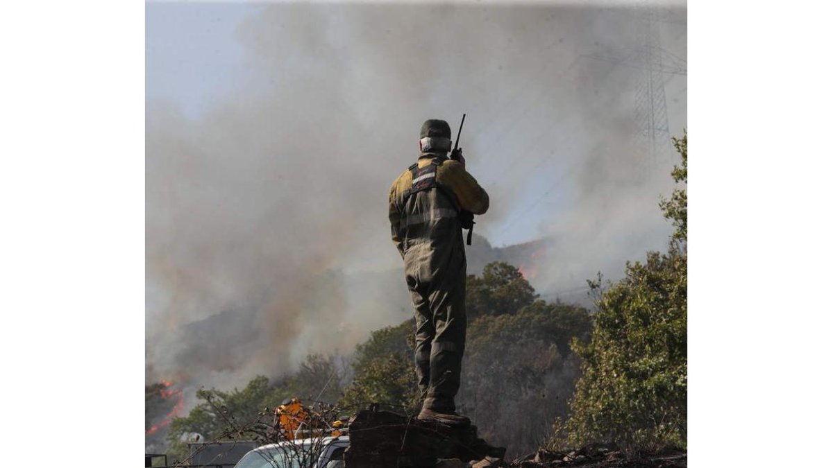 Un miembro del operativo, informa desde un lugar elevado. AFB