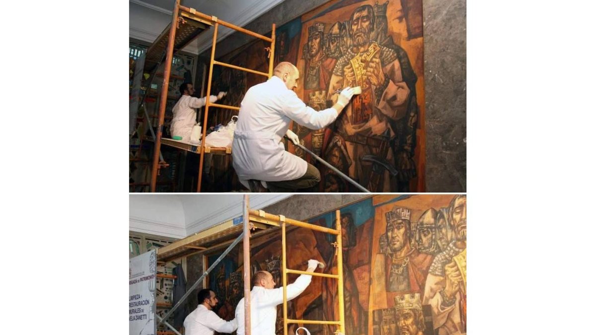 Detalle de los dos murales y de los andamios colocados por la Brigada de Patrimonio del Ayuntamiento, que tarará tres días en limpiar las dos obras de Vela Zanetti.