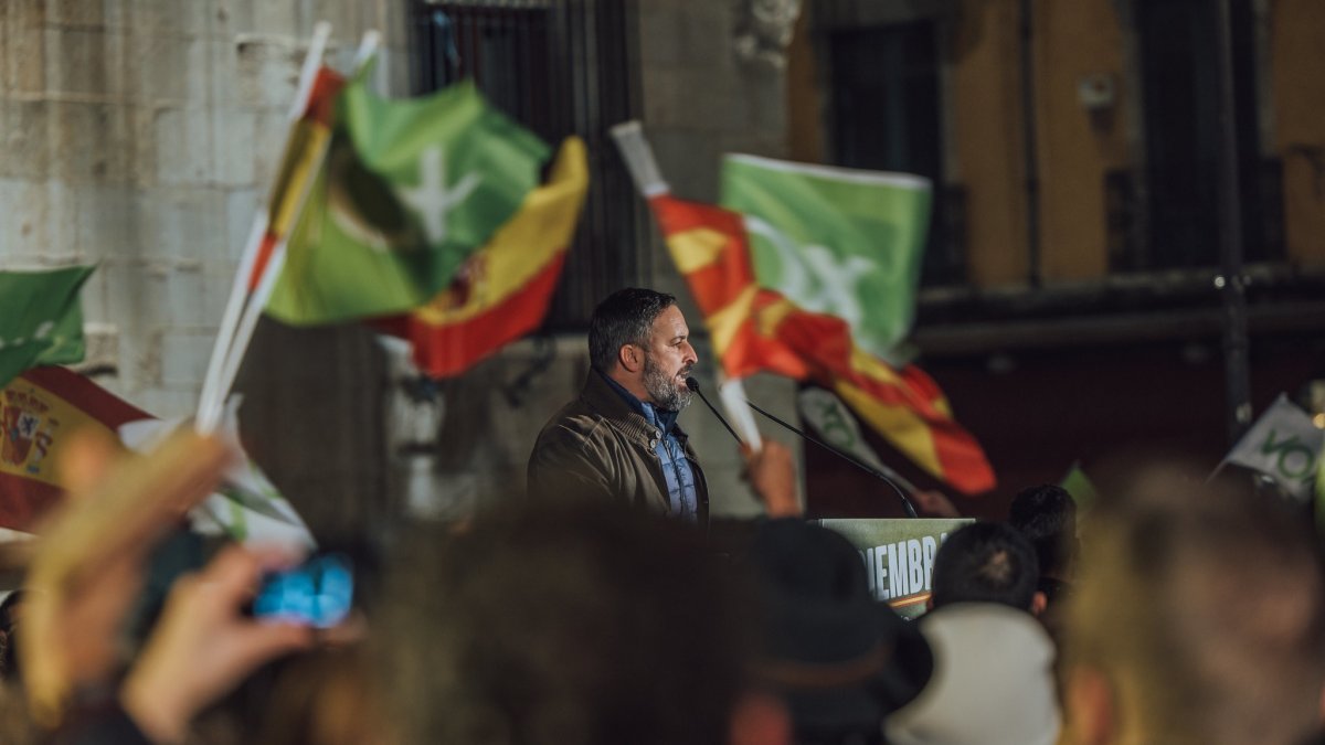 Santiago Abascal, en su última visita a León en un mitin con motivo de las elecciones en Castilla y León. DL