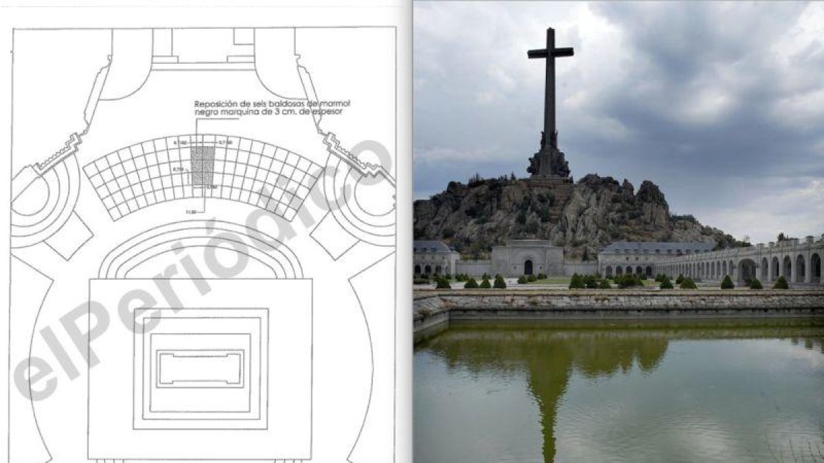 A la izquierda, uno de los planos de ejecución que manejan los técnicos de Patrimonio Nacional para exhumar a Franco. A la derecha, la Cruz de los Caídos, vista desde la abadía benedictina que la custodia.