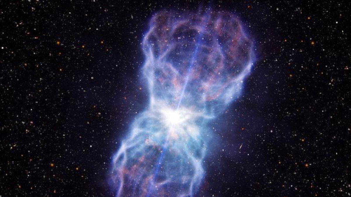 Impresión artística del enorme chorro eyectado por el cuásar.