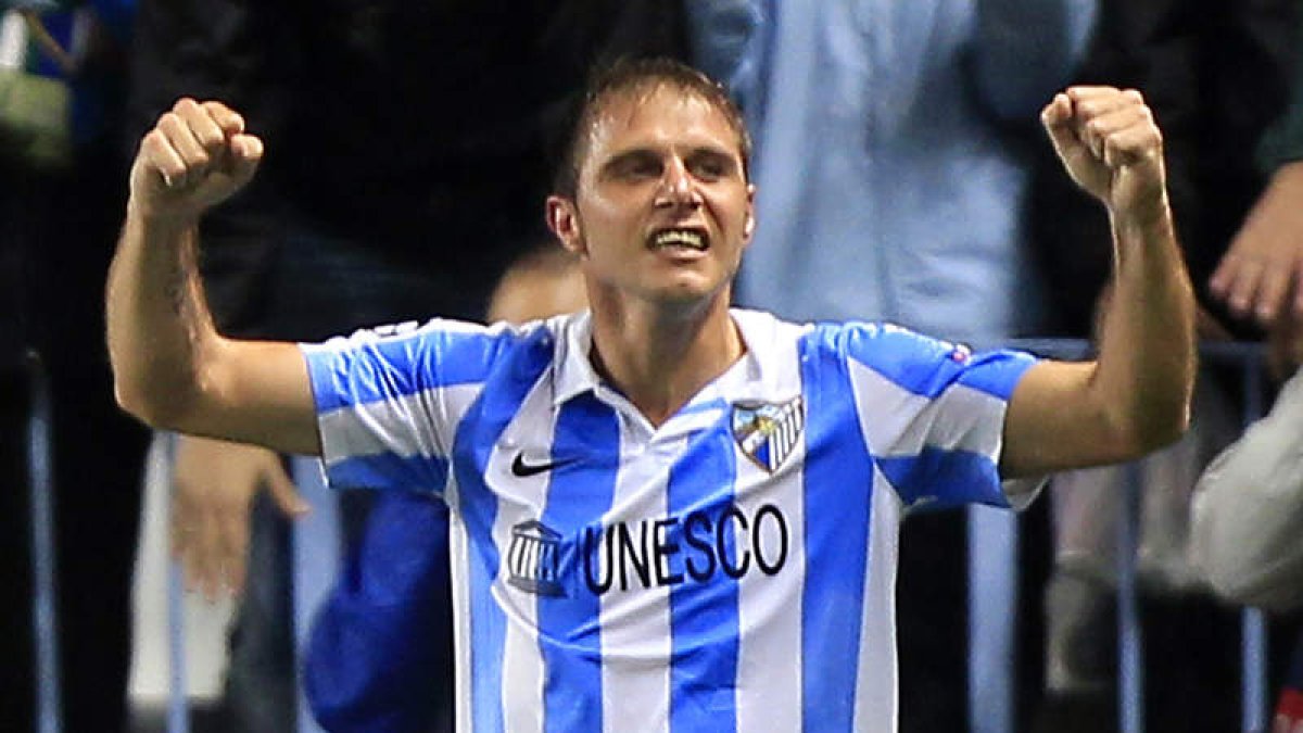 Joaquín celebra el gol que dio la victoria al Málaga y mantiene su gran racha en Europa.