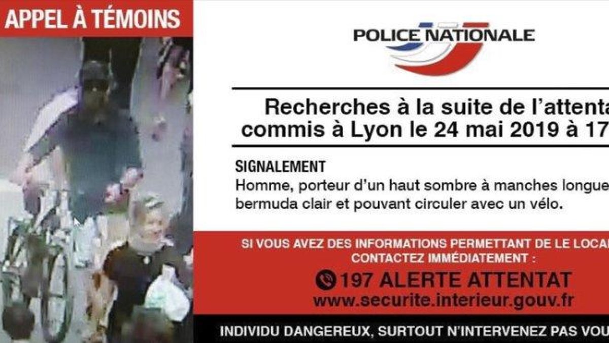 Imagen difundida por la policía pidiendo la colaboración ciudadana para encontrar al autor de la explosión en Lyon.