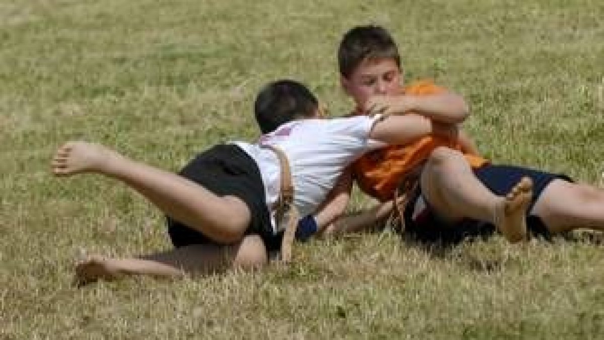 Dos niños luchan sobre la hierba de Prioro