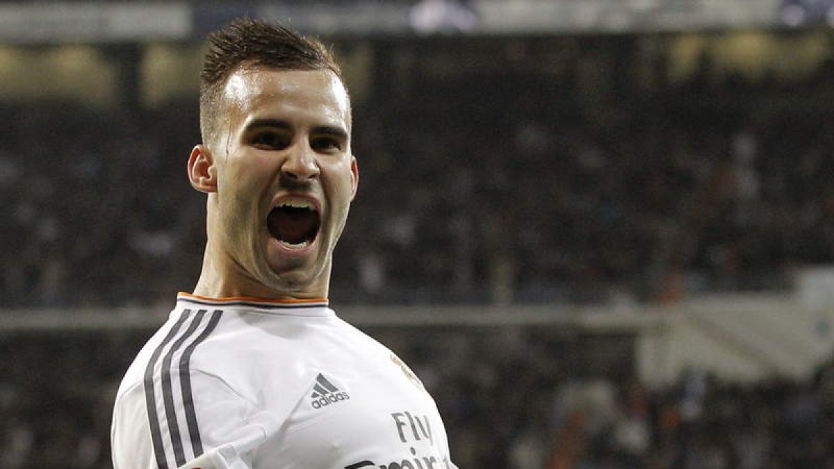 El delantero del Real Madrid Jesé Rodríguez celebra el gol marcado al Atlético de Madrid, segundo para el conjunto blanco.