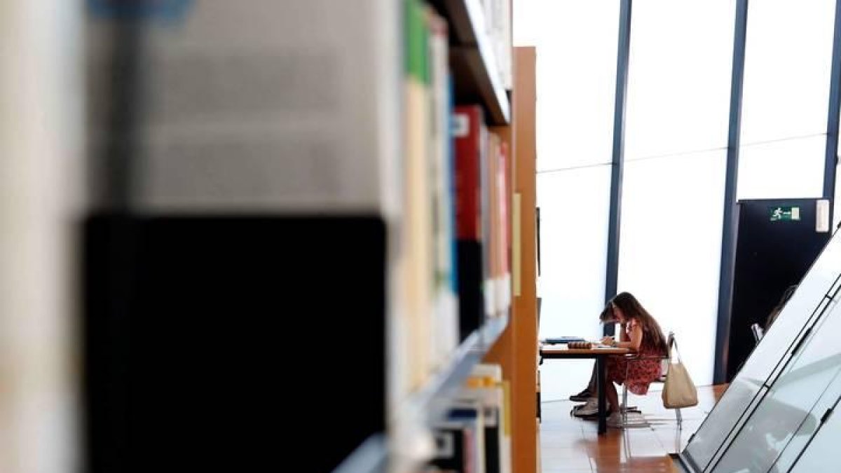 Varios estudiantes repasan en una biblioteca