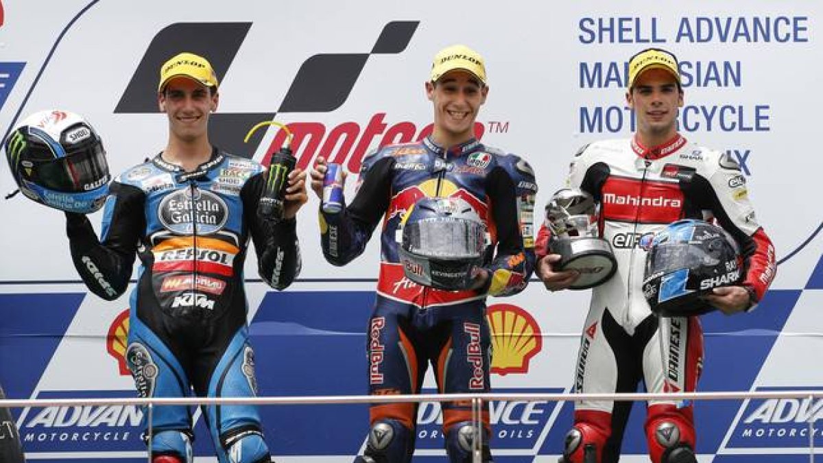 Podio de moto 3 en Sepang compuesto por Luís Salom, Alex Rins y Miguel Oliveira.