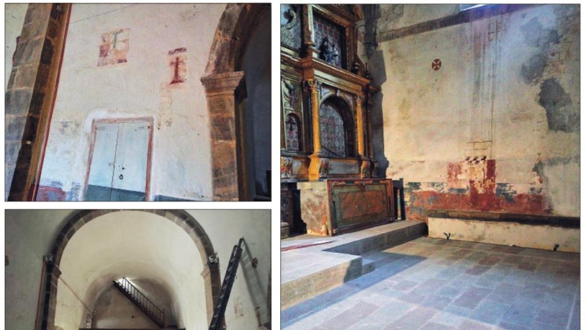 Espacios de la iglesia de San Vicente, en Torre de Babia, donde han aparecido vestigios de pinturas que Patrimonio cree necesario descubrir y estudiar a fondo. DL