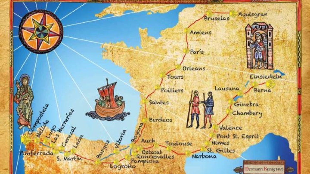 Ruta a Santiago de ida y vuelta desde Alemania descrita por Künig en la Edada Media. DL