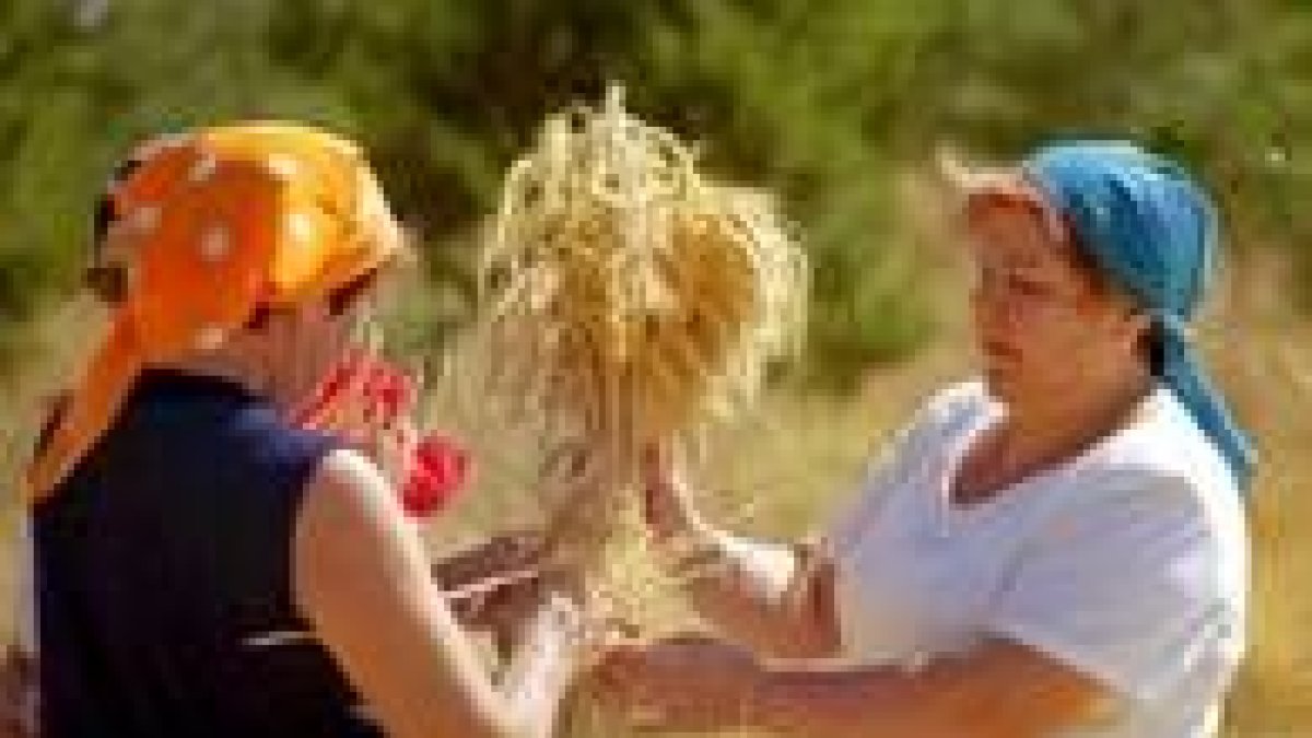 Dos mujeres elaboran un pequeño manojo con pajas de centeno