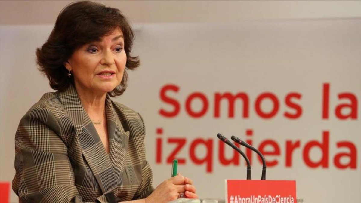 La secretaria de Igualdad del PSOE, Carmen Calvo, este viernes en la sede del partido.