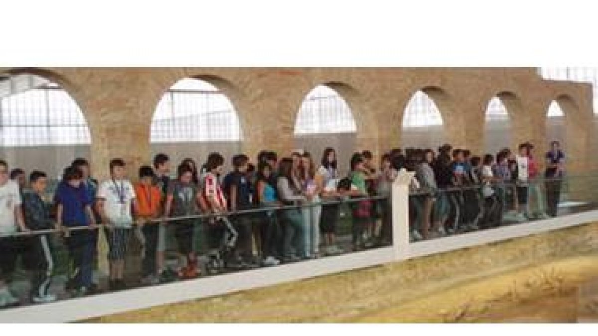 Los escolares visitan las instalaciones de la villa romana de La Olmeda.