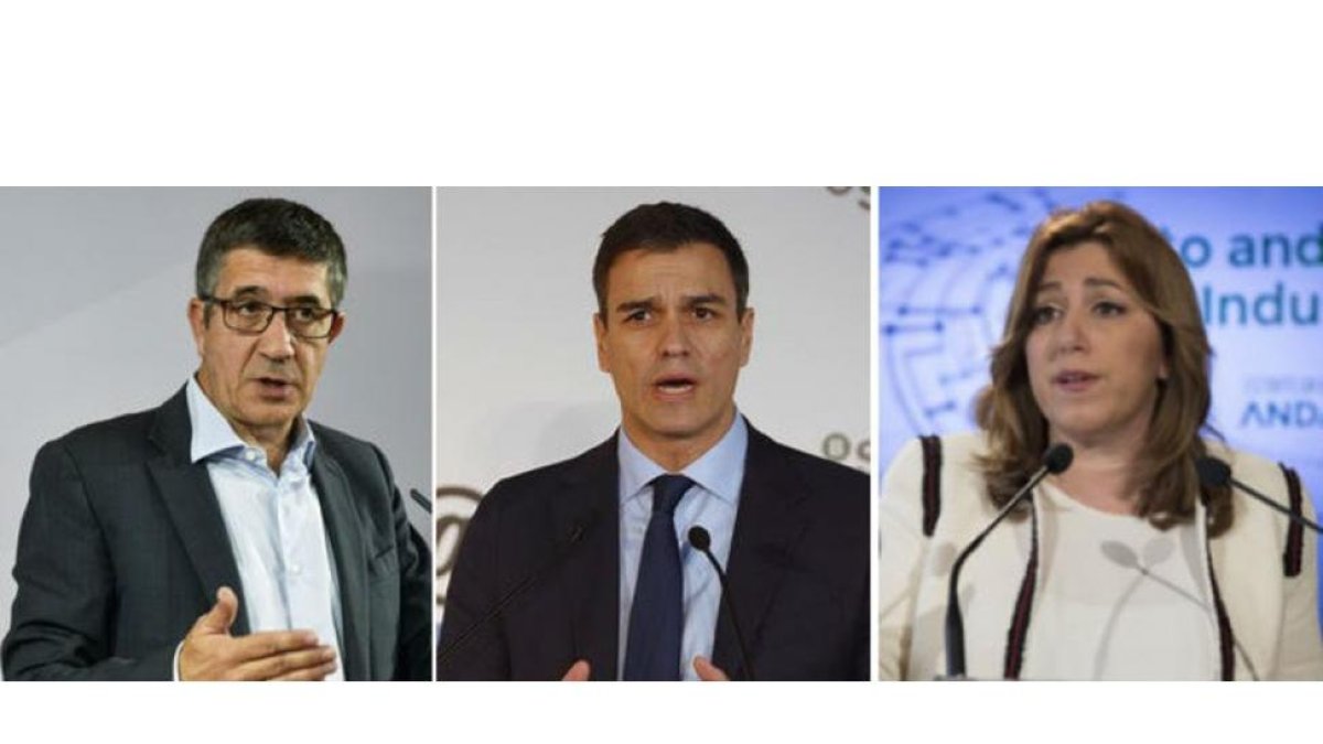 Patxi López, Pedro Sánchez y Susana Díaz, los tres precandidatos a las primarias del PSOE.
