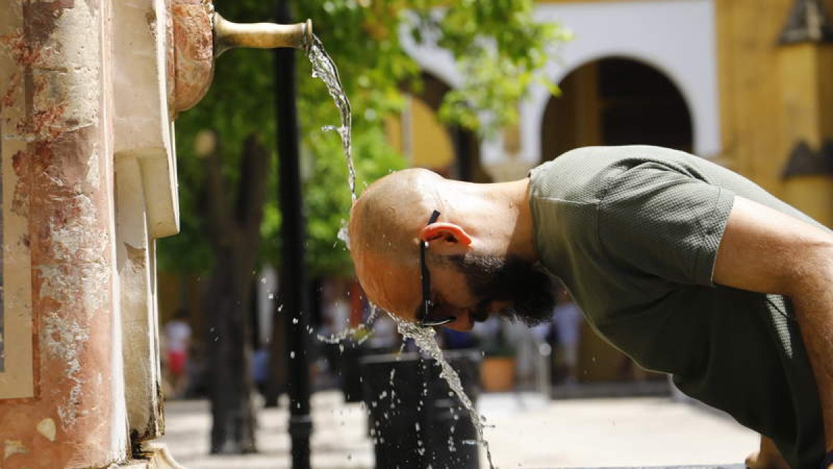 Un hombre se refresca en una fuente en Córdoba. SALAS
