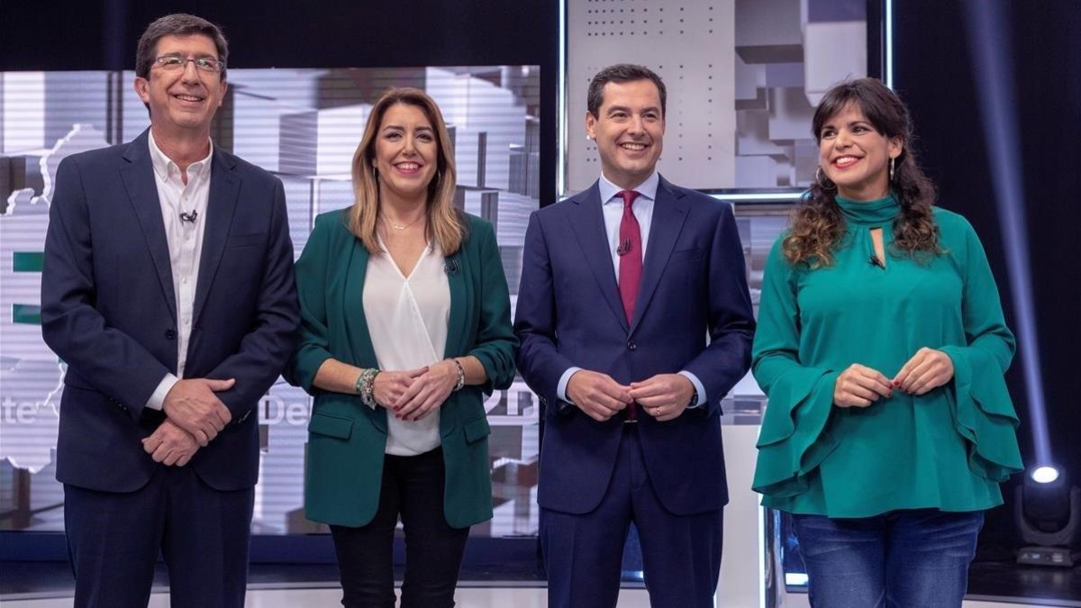 Los candidatos Juan Marín (Ciudadanos), Susana Díaz (PSOE), Juan Manuel Moreno (PP) y Teresa Rodríguez (Adelante Andalucía), el día 19, en un debate en Canal Sur.