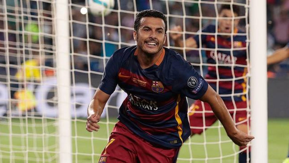 Pedro, eufórico tras marcar ante el Sevilla el gol que ha dado la Supercopa de Europa al Barça.