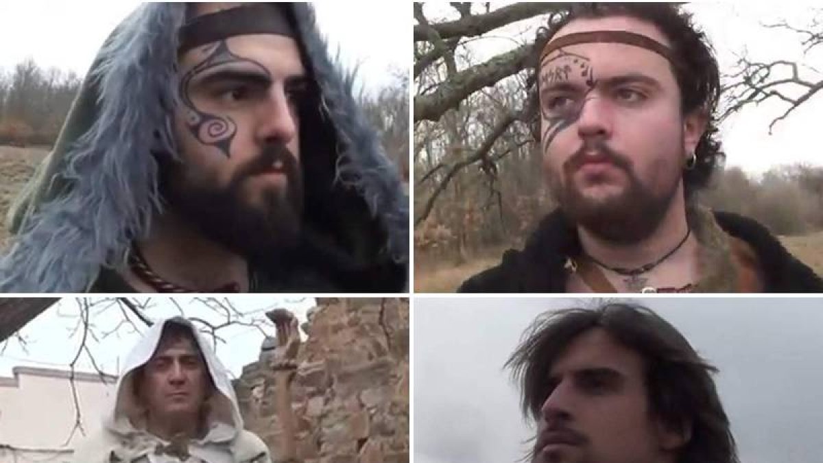 Los autores de la obra, ataviados como sus álter ego druídicos: Sergio Castrillo (Aneirin), Carlos García (Tartarus), Fernando Barriales (Pentovio) y Carlos Huerta (Irago).