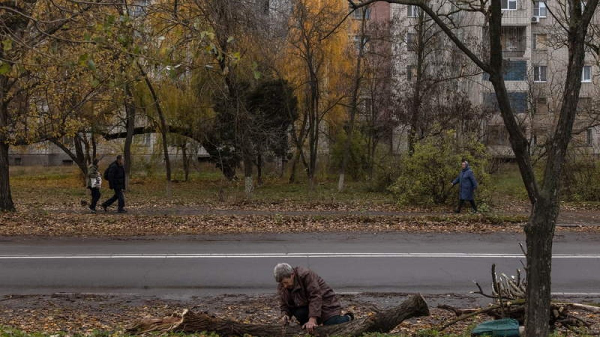 Una anciana corta un tronco de un árbol en Jersón para usarlo como combustible. ROMAN PILIPEY