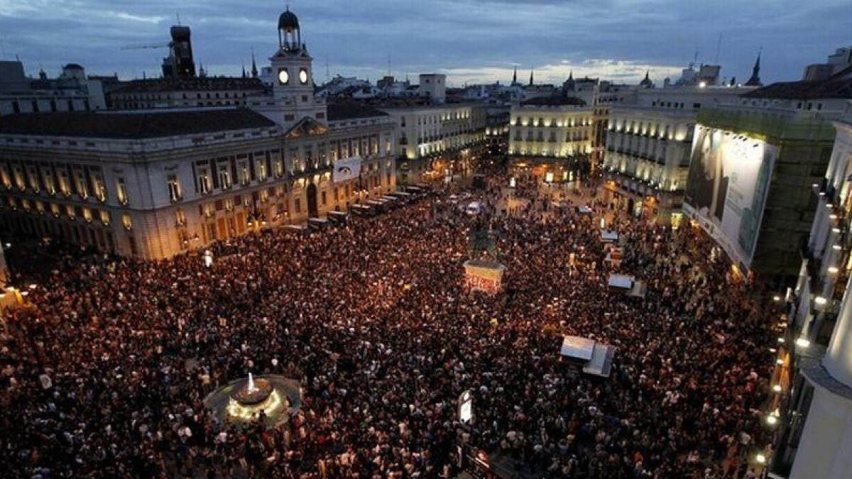 Concentración del 15-M en la Puerta del Sol, en mayo del 2011.