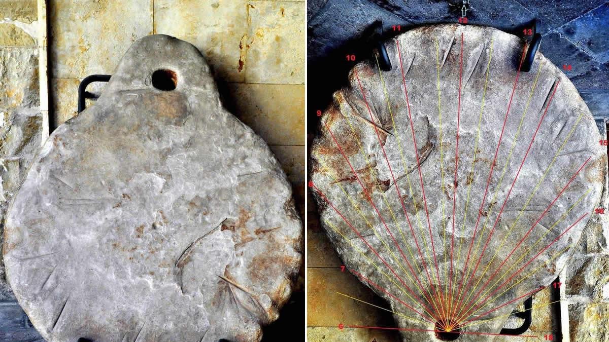 La piedra denominada ‘El pendiente de la mora’, situada en el patio de la Diputación. A la derecha se aprecia cómo las marcas de la piedra coinciden con un reloj solar. DAVID GUSTAVO LÓPEZ