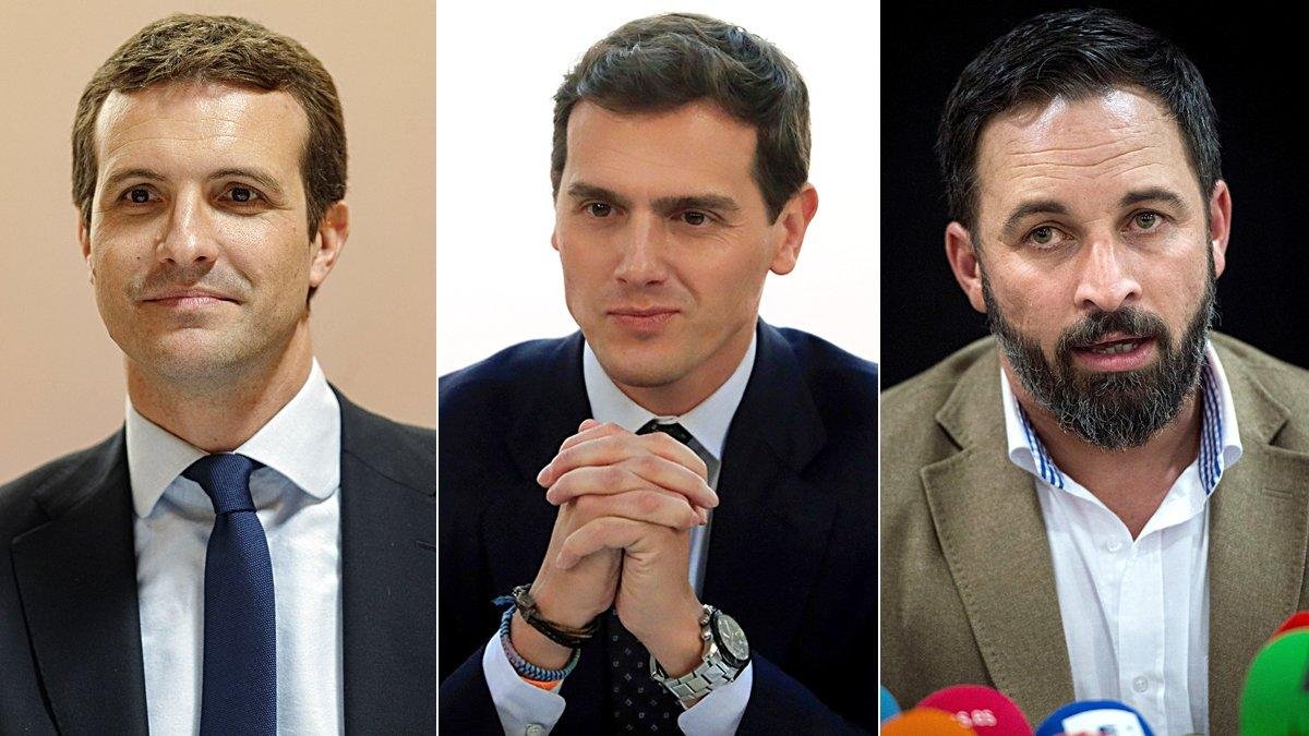 Pablo Casado (PP), Albert Rivera (Ciudadanos) y Santiago Abascal (Vox).