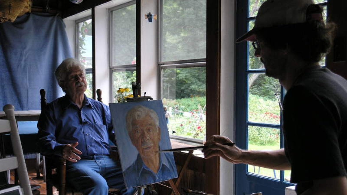 El artista leonés Félix de la Concha pintando al superviviente de Auschwitz Herbert Fantle.