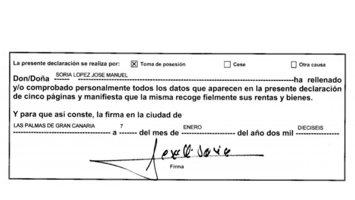 Firma de José Manuel Soria en la declaración de bienes que presentó en el Congreso.