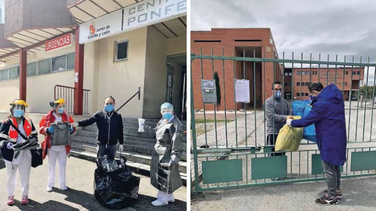Dos imágenes de este mes ya largo de confinamiento y la entrega de mascarillas y batas en centros de salud y residencias. DL