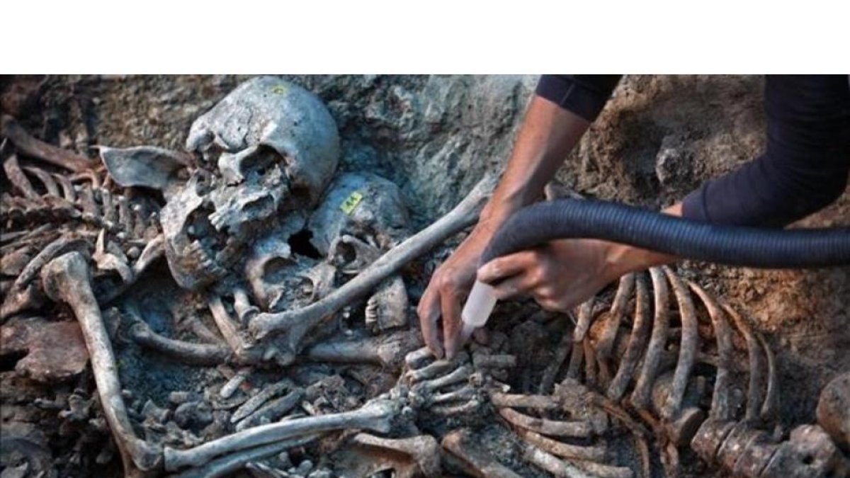Trabajos de exhumación de una fosa en Gurb.
