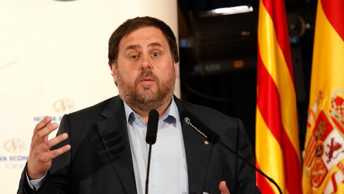 Oriol Junqueras, en el desayuno informativo Forum Europa, hoy, en Madrid.