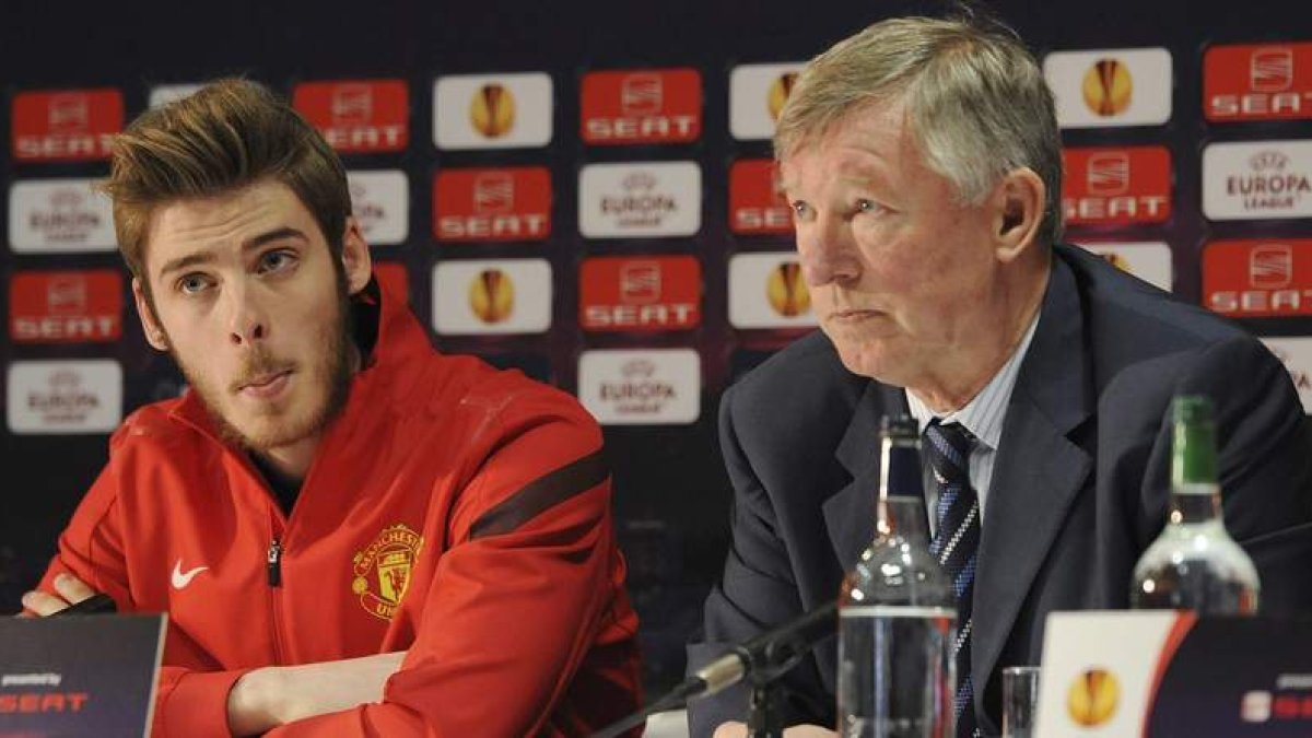 David De Gea y sir Alex Ferguson, en la rueda de prensa previa al partido ante el Athletic.
