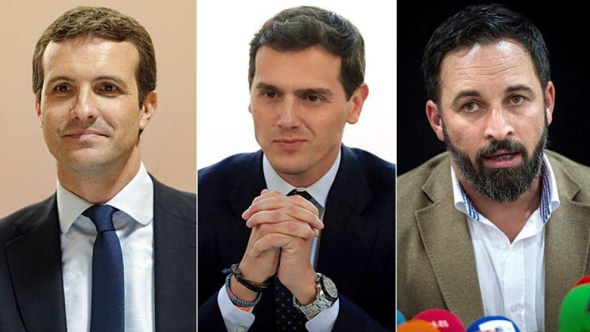 Pablo Casado (PP), Albert Rivera (Ciudadanos) y Santiago Abascal (Vox).