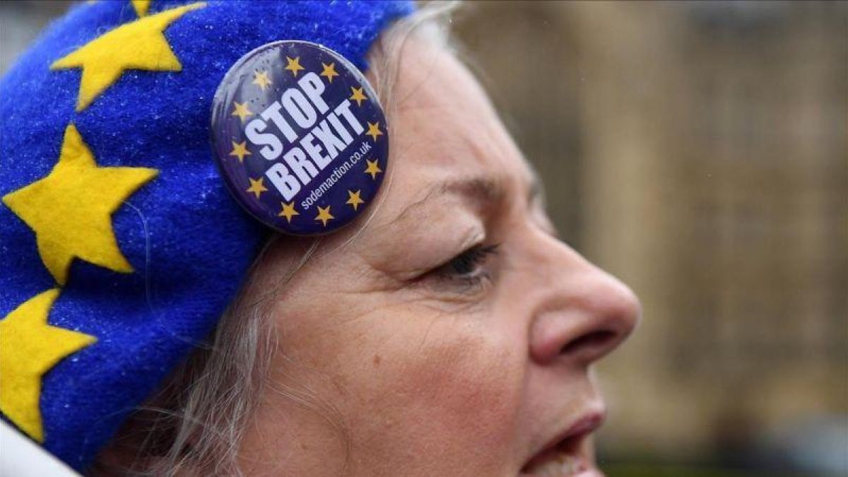 Una manifestante en contra del brexit protesta ante el Parlamento en Londres este miércoles.