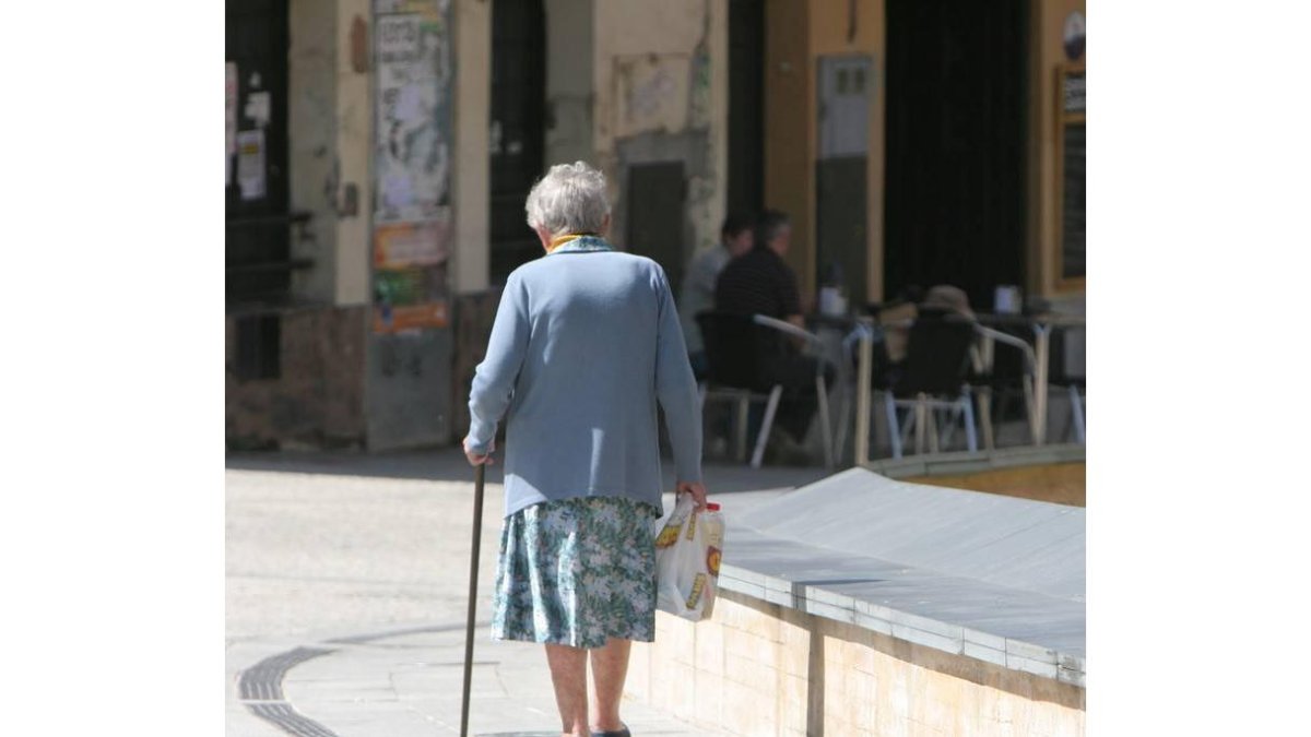 Una mujer mayor regresa a casa con la compra